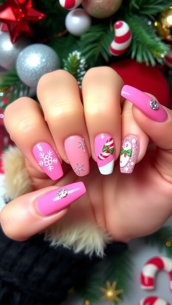 Pink Christmas nails with festive designs like snowflakes and candy canes, set against a holiday-themed backdrop.